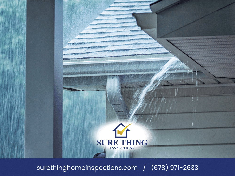Heavy rain overflowing roof gutter during storm in Buford GA, highlighting need for professional home inspection and roof drainage evaluation