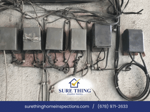 Older exterior electrical junction boxes and wiring associated with legacy electrical systems inspected by Sure Thing Home Inspections.