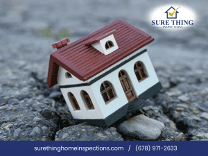 Sure Thing Home Inspections image of tilted house model representing foundation settlement and slab cracks in Buford GA