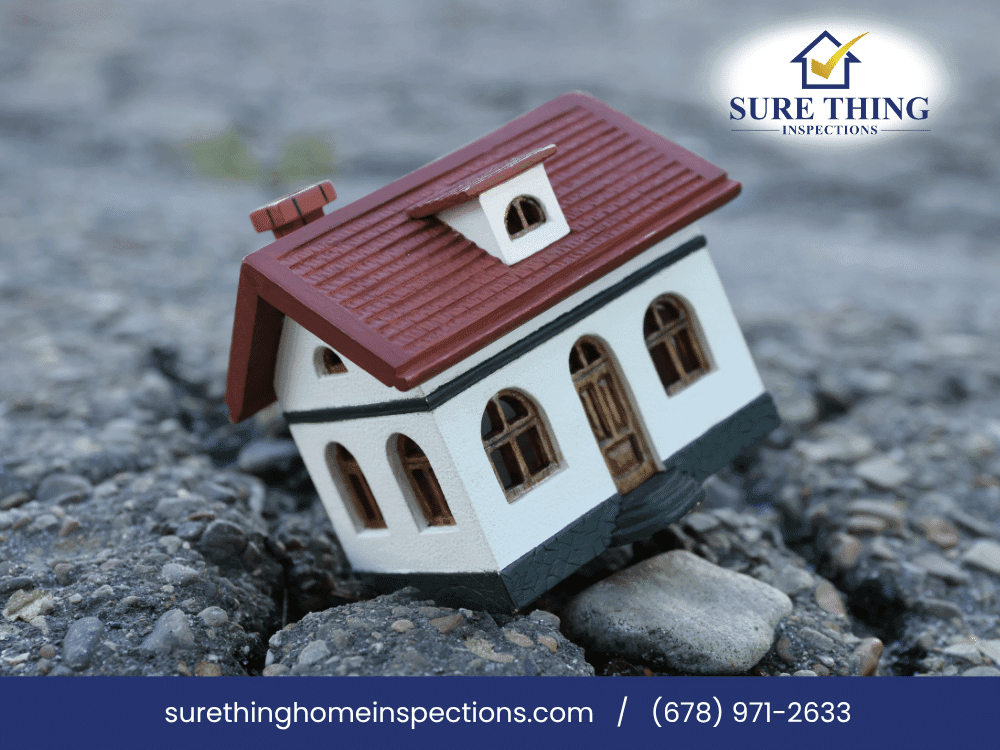 Sure Thing Home Inspections image of tilted house model representing foundation settlement and slab cracks in Buford GA