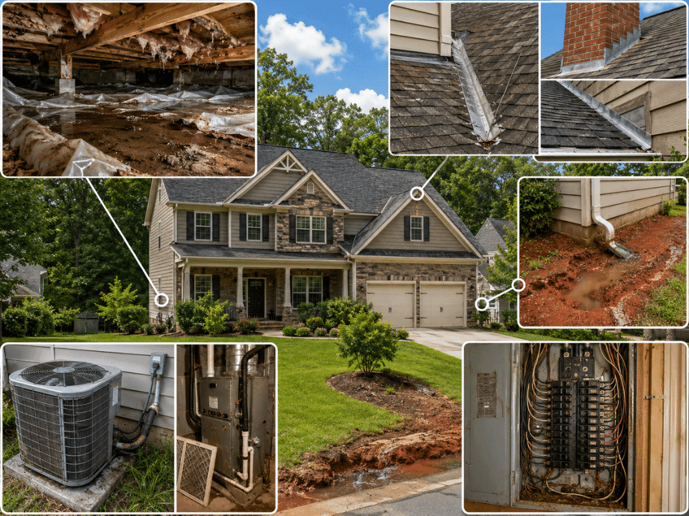 Comprehensive home inspection in Buford GA showing crawl space moisture, roof flashing, HVAC system, electrical panel, and drainage conditions evaluated during a residential inspection.