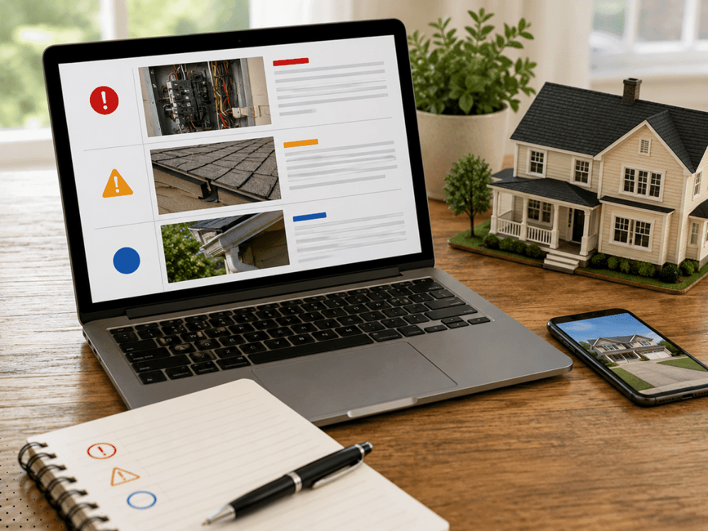 Home inspection report displayed on laptop highlighting roof, electrical, and exterior findings for a residential property in Buford GA.