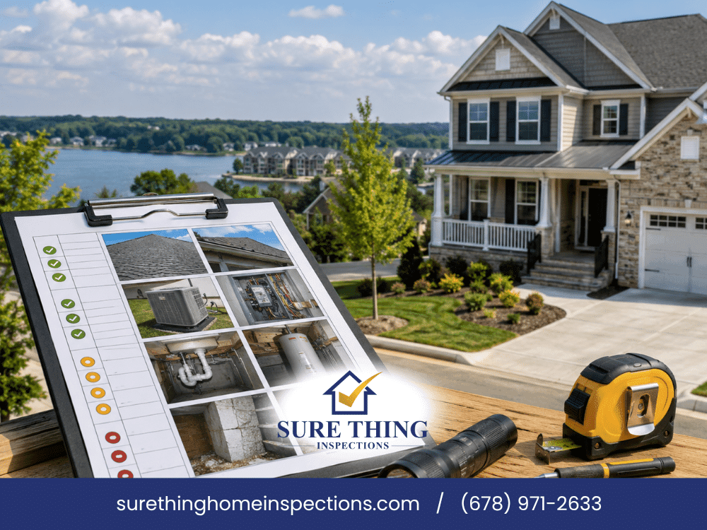 Sure Thing Home Inspections checklist showing major home systems inspected during a home inspection in Buford GA overlooking a residential property.