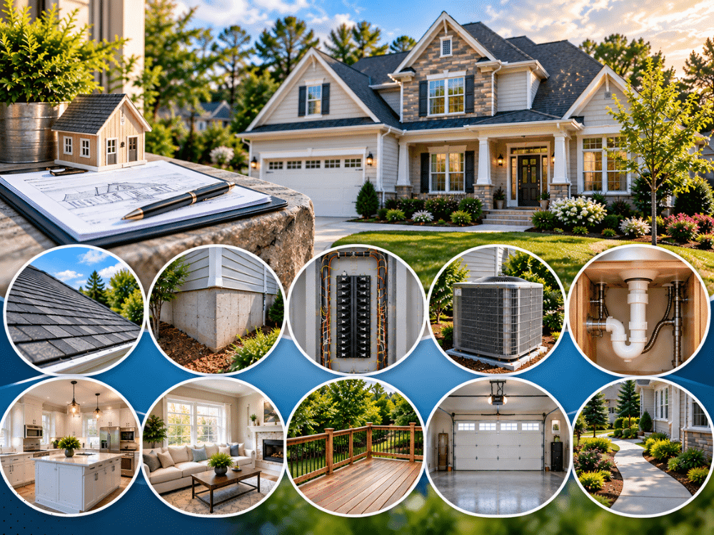 Johns Creek Georgia home with roof, foundation, electrical, HVAC, plumbing, interior, deck, and garage components
