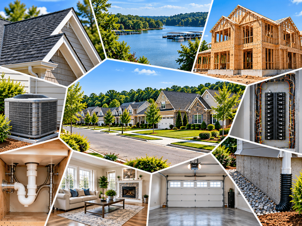 Buford Georgia homes and new construction with roof, HVAC, electrical, plumbing, foundation, interior, and garage components