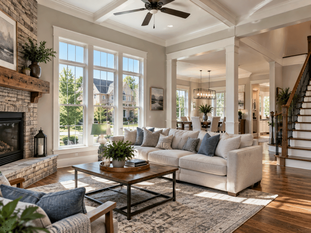 Bright residential home interior in Duluth GA showing living and dining areas