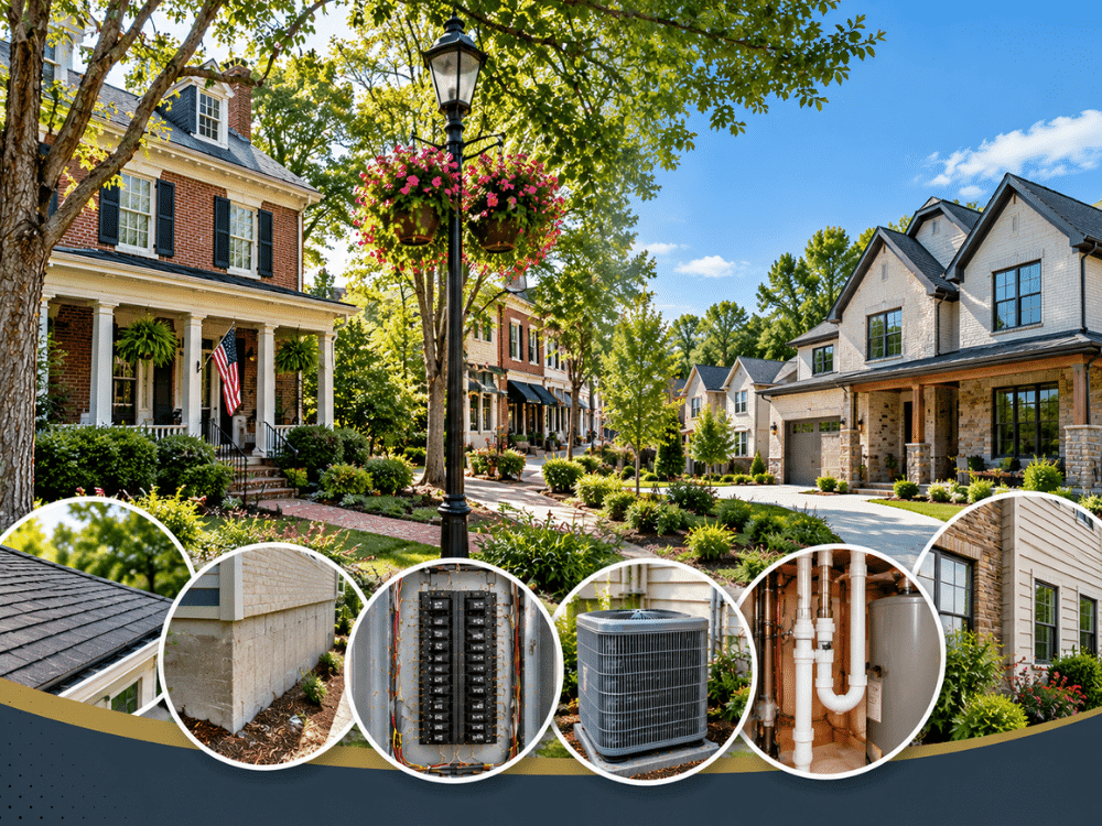 Residential homes in Roswell GA with roof, foundation, electrical, HVAC, and plumbing components shown for home inspection