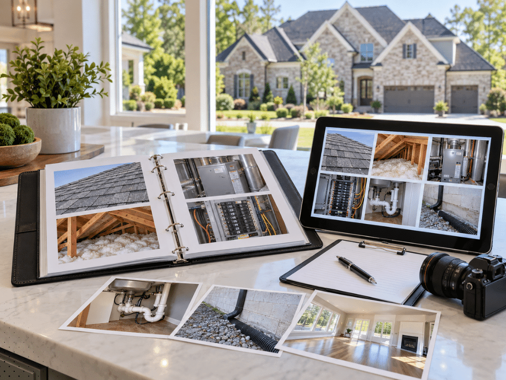 Home inspection report with photos documenting roof, attic, electrical, plumbing, drainage, and interior components