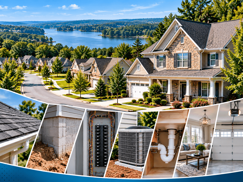 Residential home inspection in Buford GA showing a Lake Lanier area home with roof, foundation, electrical, HVAC, plumbing, interior, and garage components