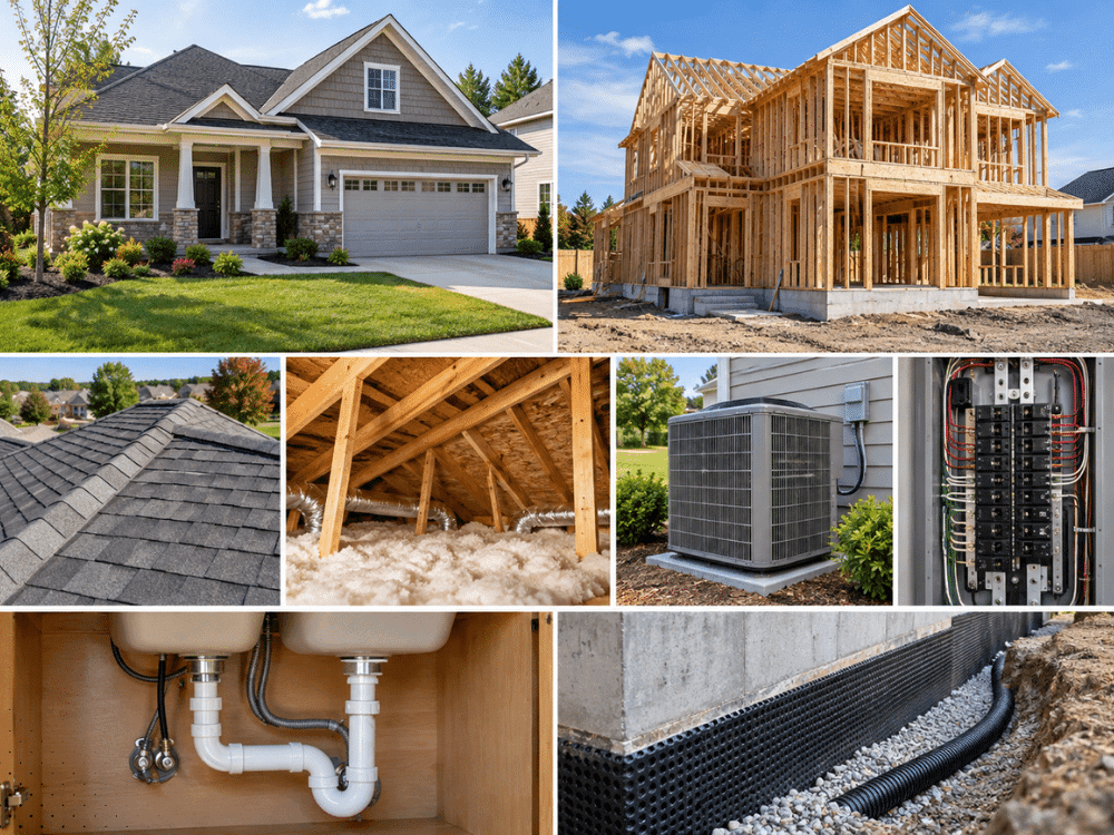 New construction home in Alpharetta GA with roof, attic, HVAC, electrical, plumbing, and foundation components