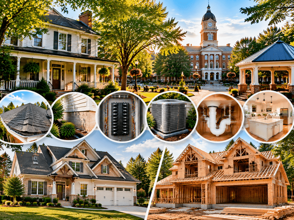 Lawrenceville, GA home inspection collage featuring historic homes, established neighborhoods, new construction, roof, electrical, HVAC, plumbing, and kitchen areas.