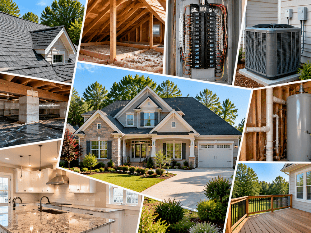 Loganville GA home inspection collage showing a residential home, roof, attic, electrical panel, HVAC system, water heater, kitchen, and deck.
