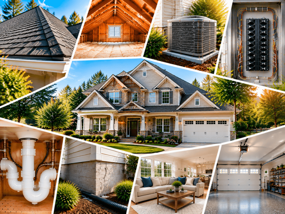 1. Braselton, GA home inspection collage featuring a residential property, roof, attic, HVAC system, electrical panel, plumbing, foundation, interior, and garage.