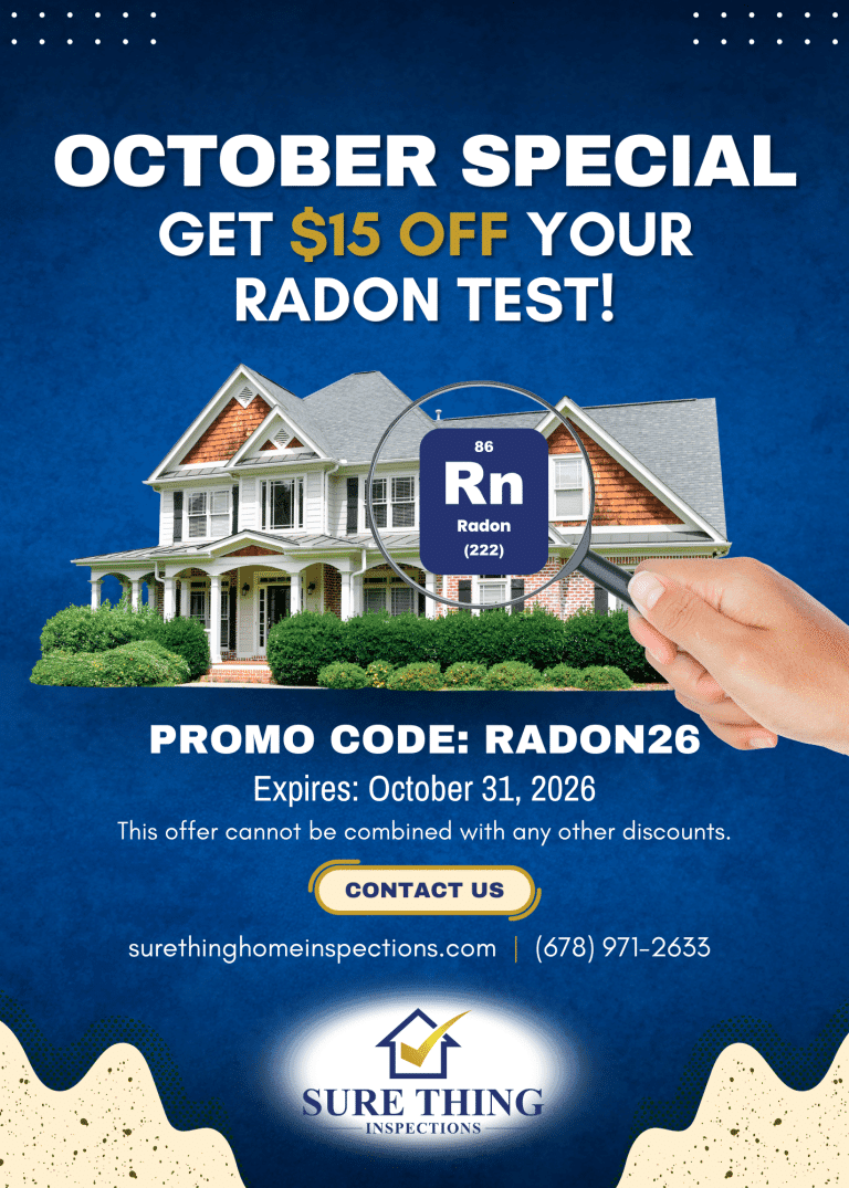 Sure Thing Home Inspections October promotion offering $15 off radon testing with promo code RADON26, featuring a residential home and radon testing graphic.